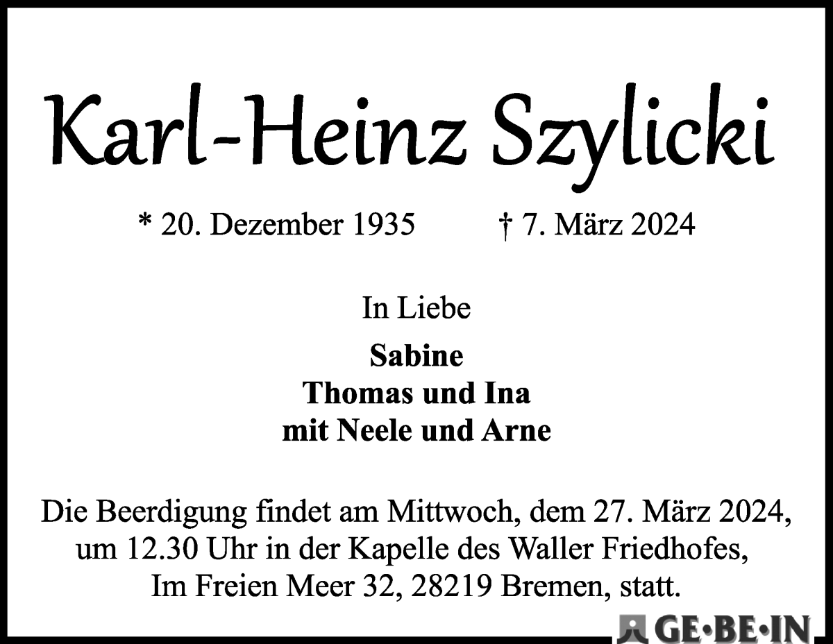 Traueranzeige von Karl-Heinz Szylicki von WESER-KURIER