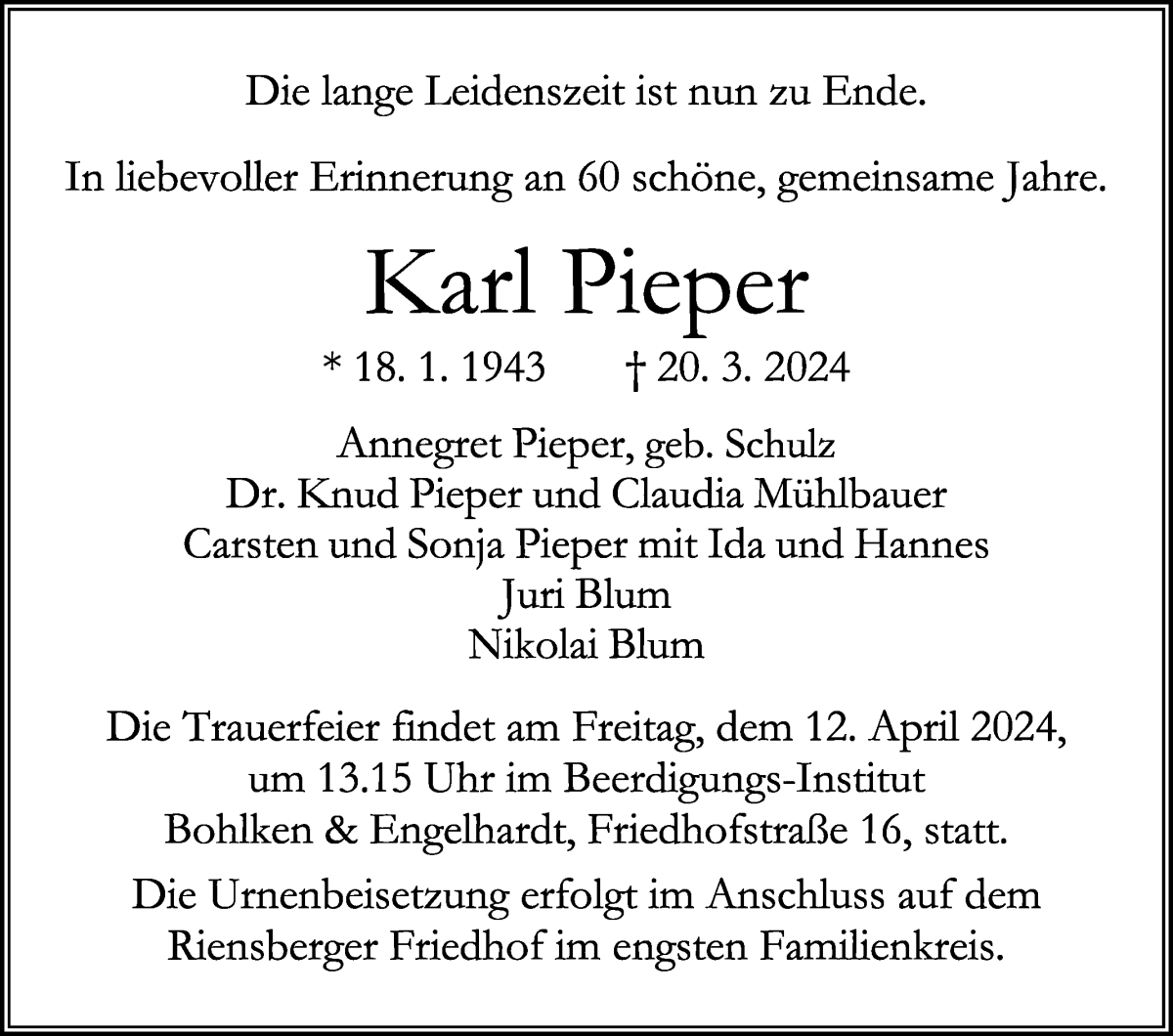 Traueranzeige von Karl Pieper von WESER-KURIER