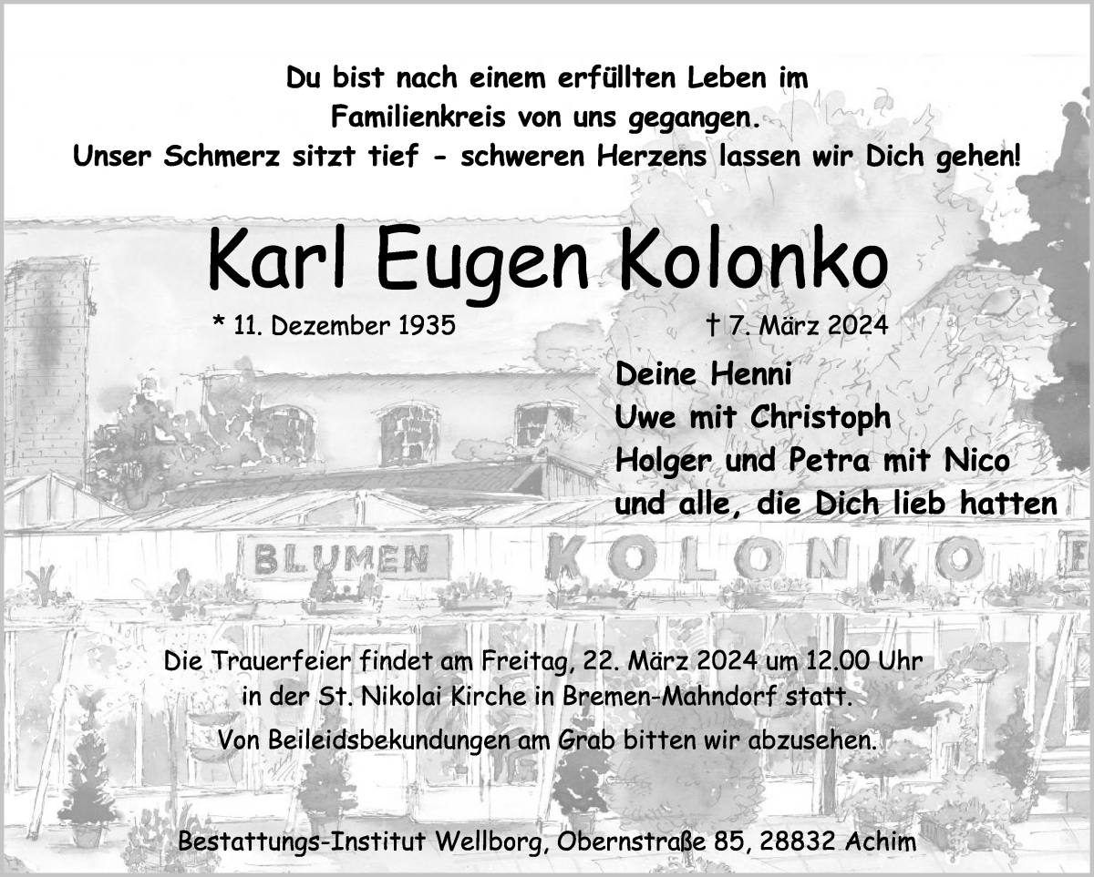 Traueranzeige von Karl Eugen Kolonko von WESER-KURIER