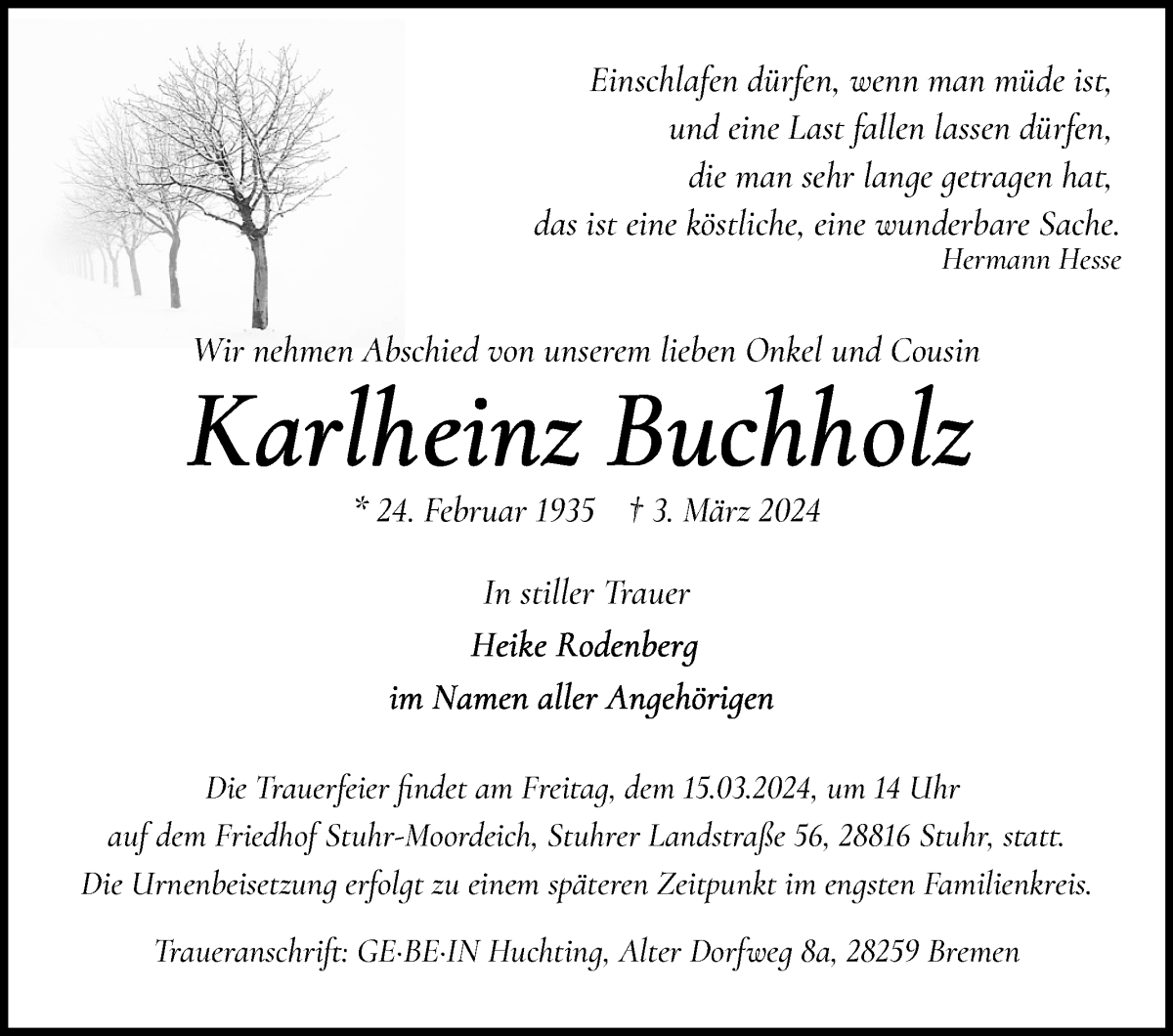 Traueranzeige von Karlheinz Buchholz von WESER-KURIER