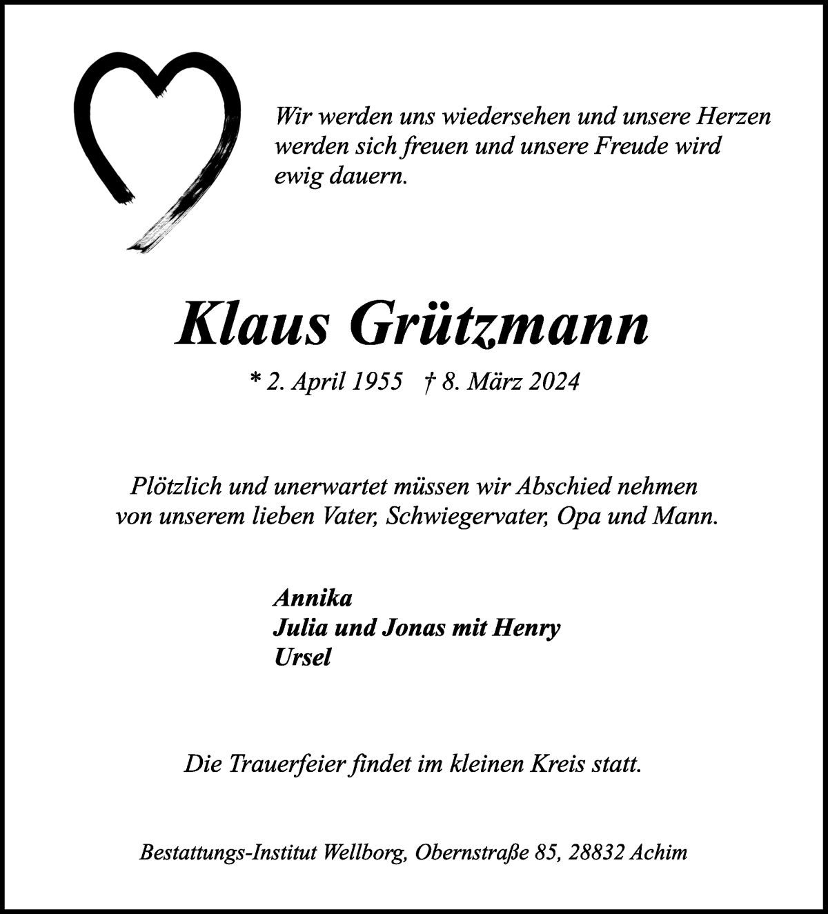 Traueranzeige von Klaus Grützmann von WESER-KURIER