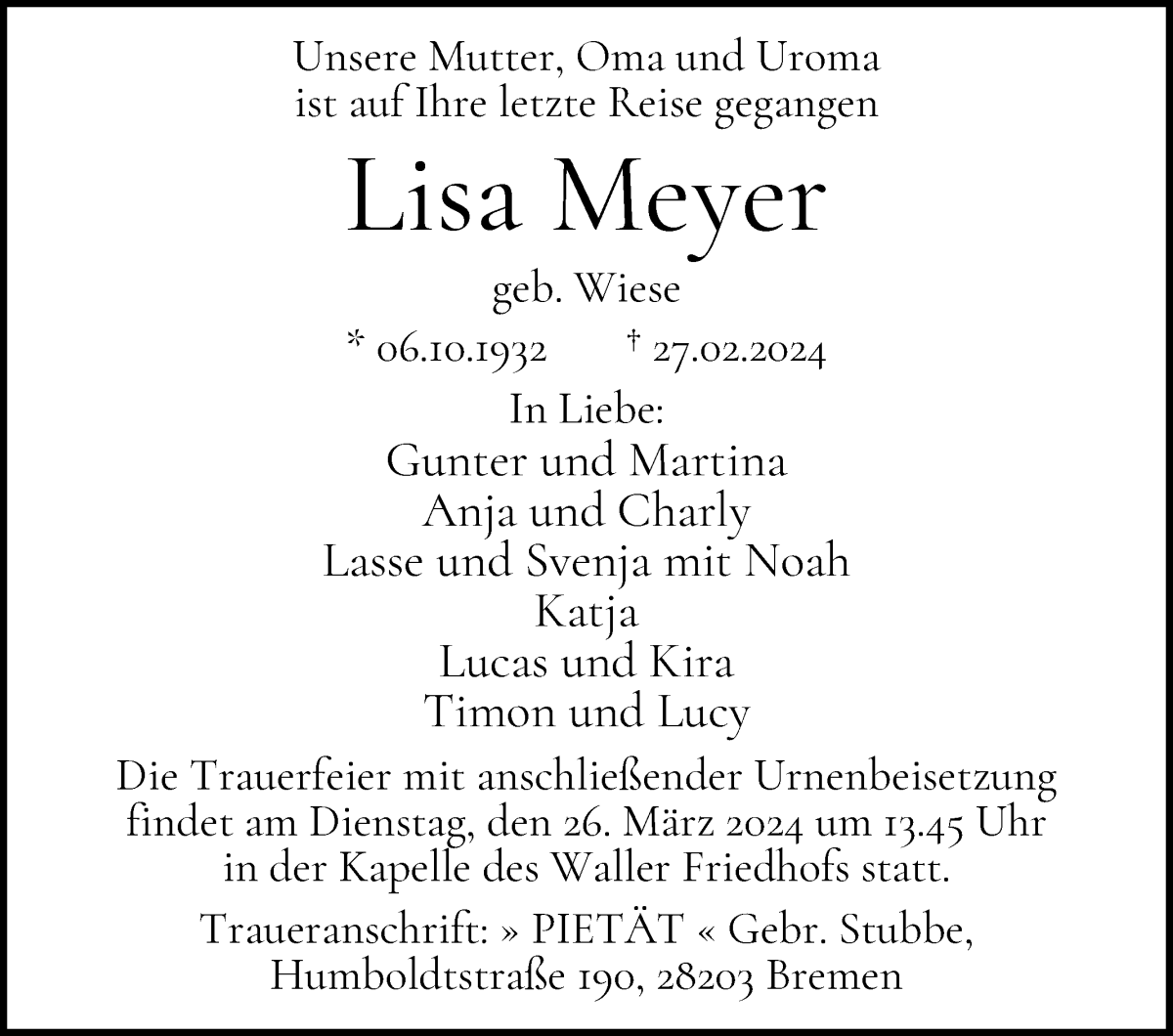 Traueranzeige von Lisa Meyer von WESER-KURIER
