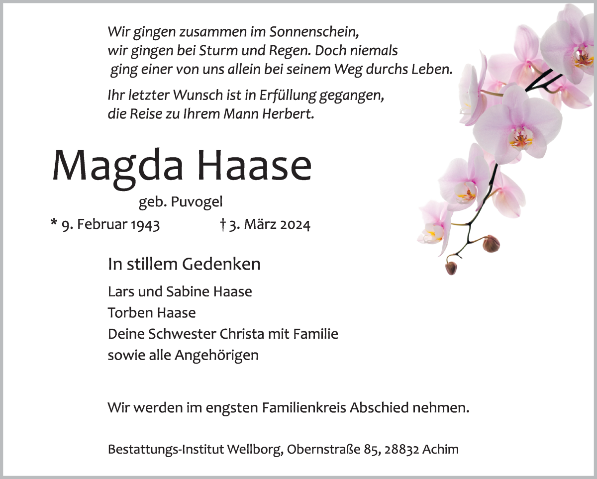 Traueranzeige von Magda Haase von Achimer Kurier/Verdener Nachrichten
