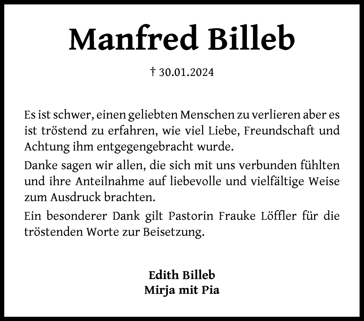 Traueranzeige von Manfred Billeb von Die Norddeutsche