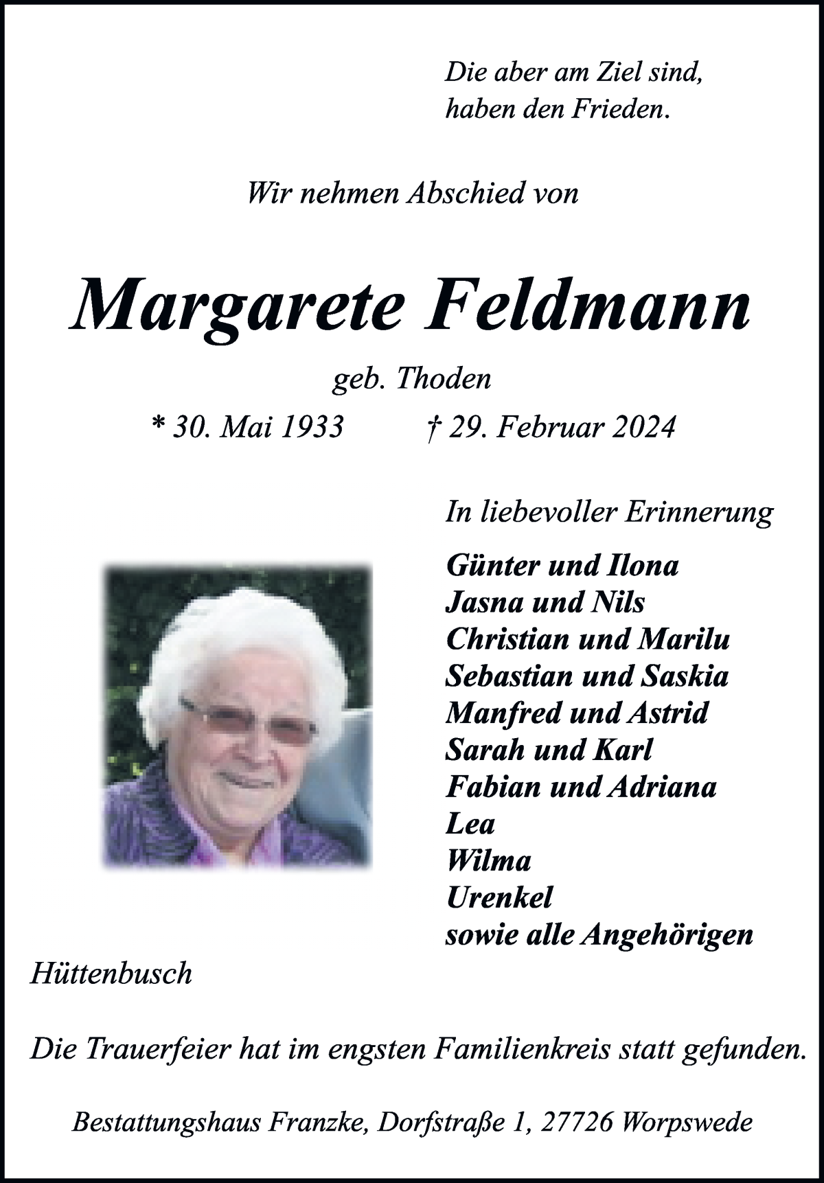 Traueranzeige von Margarete Feldmann von Wuemme Zeitung