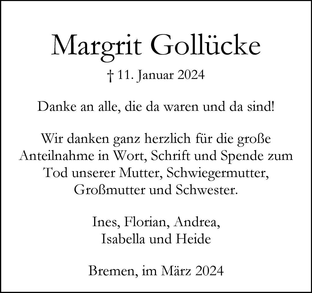 Traueranzeige von Margrit Gollücke von WESER-KURIER