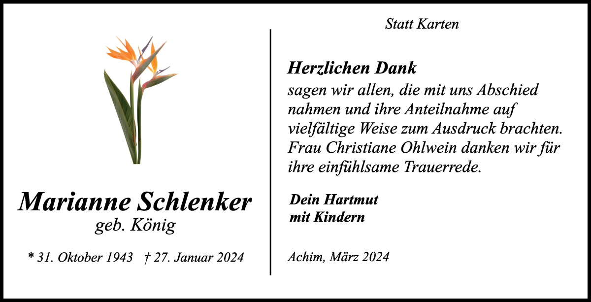 Traueranzeige von Marianne Schlenker von Achimer Kurier/Verdener Nachrichten