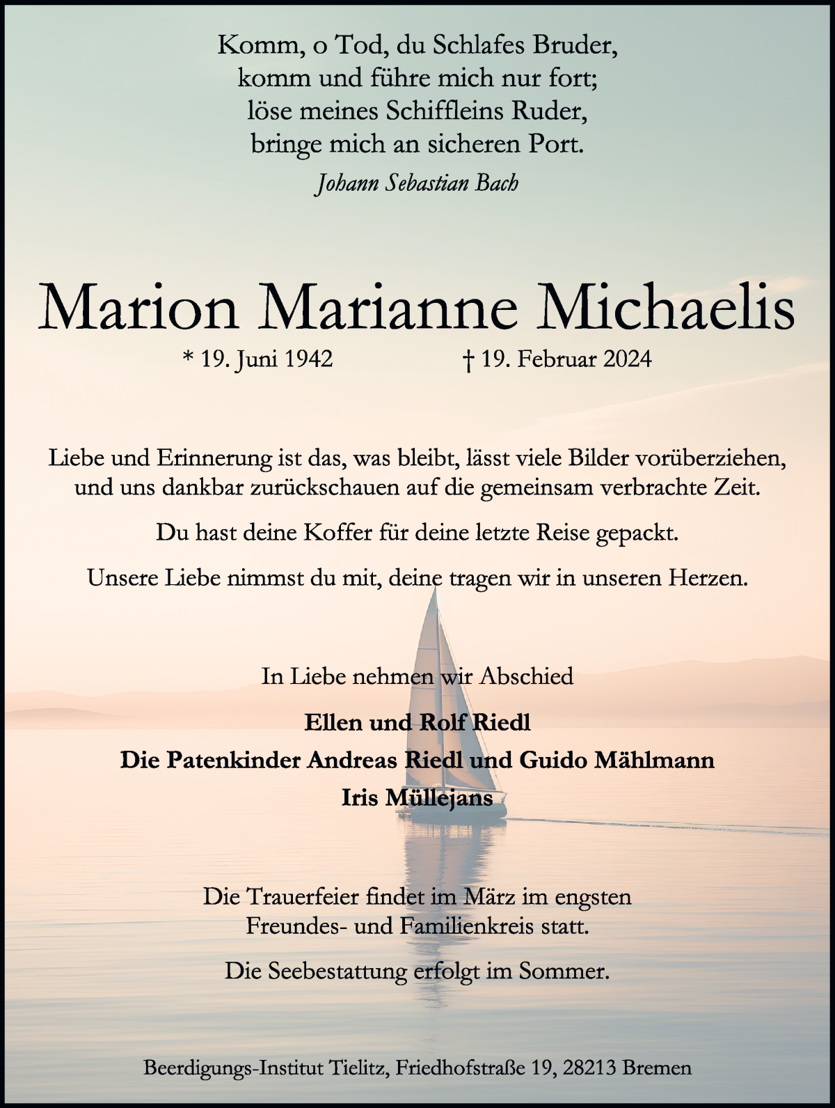 Traueranzeige von Marion Marianne Michaelis von WESER-KURIER