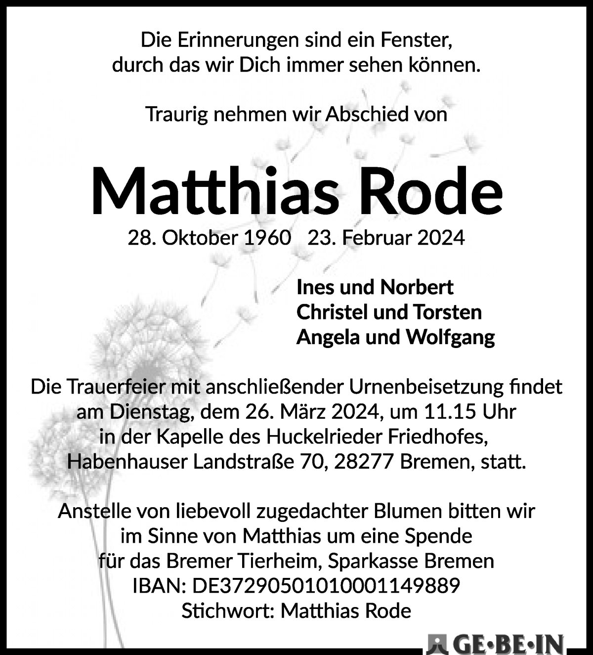 Traueranzeige von Matthias Rode von WESER-KURIER
