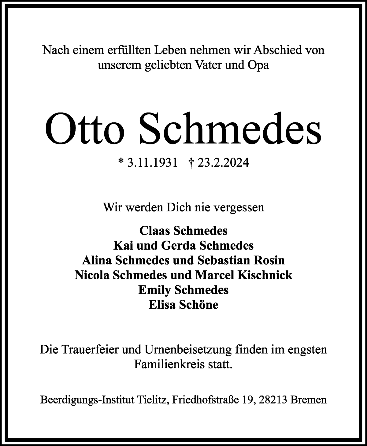 Traueranzeige von Otto Schmedes von WESER-KURIER