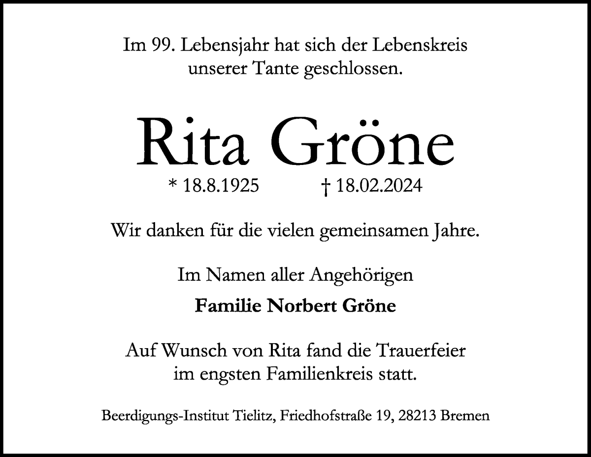Traueranzeige von Rita Gröne von WESER-KURIER