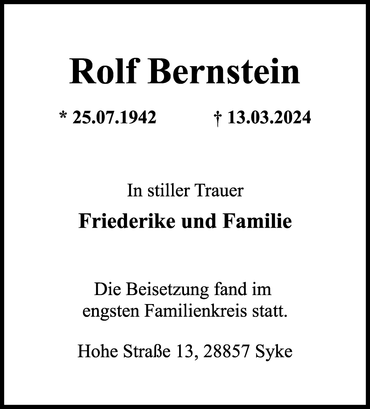 Traueranzeige von Rolf Bernstein von Regionale Rundschau/Syker Kurier