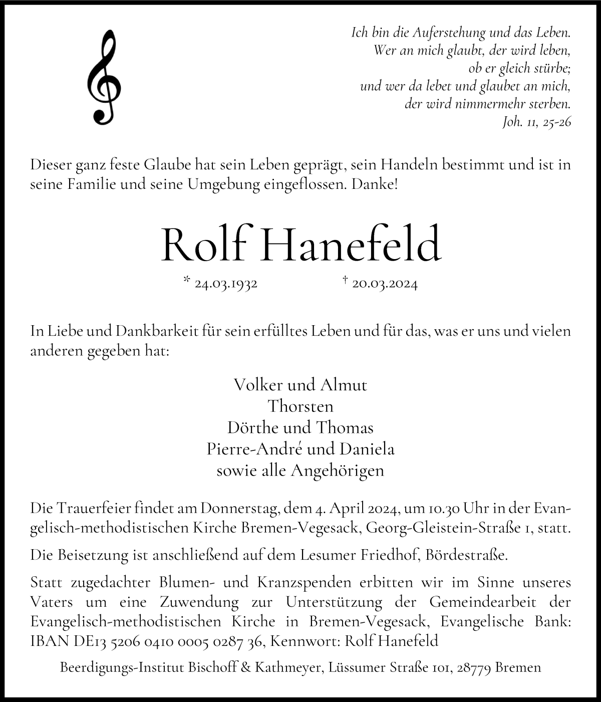 Traueranzeige von Rolf Hanefeld von Die Norddeutsche