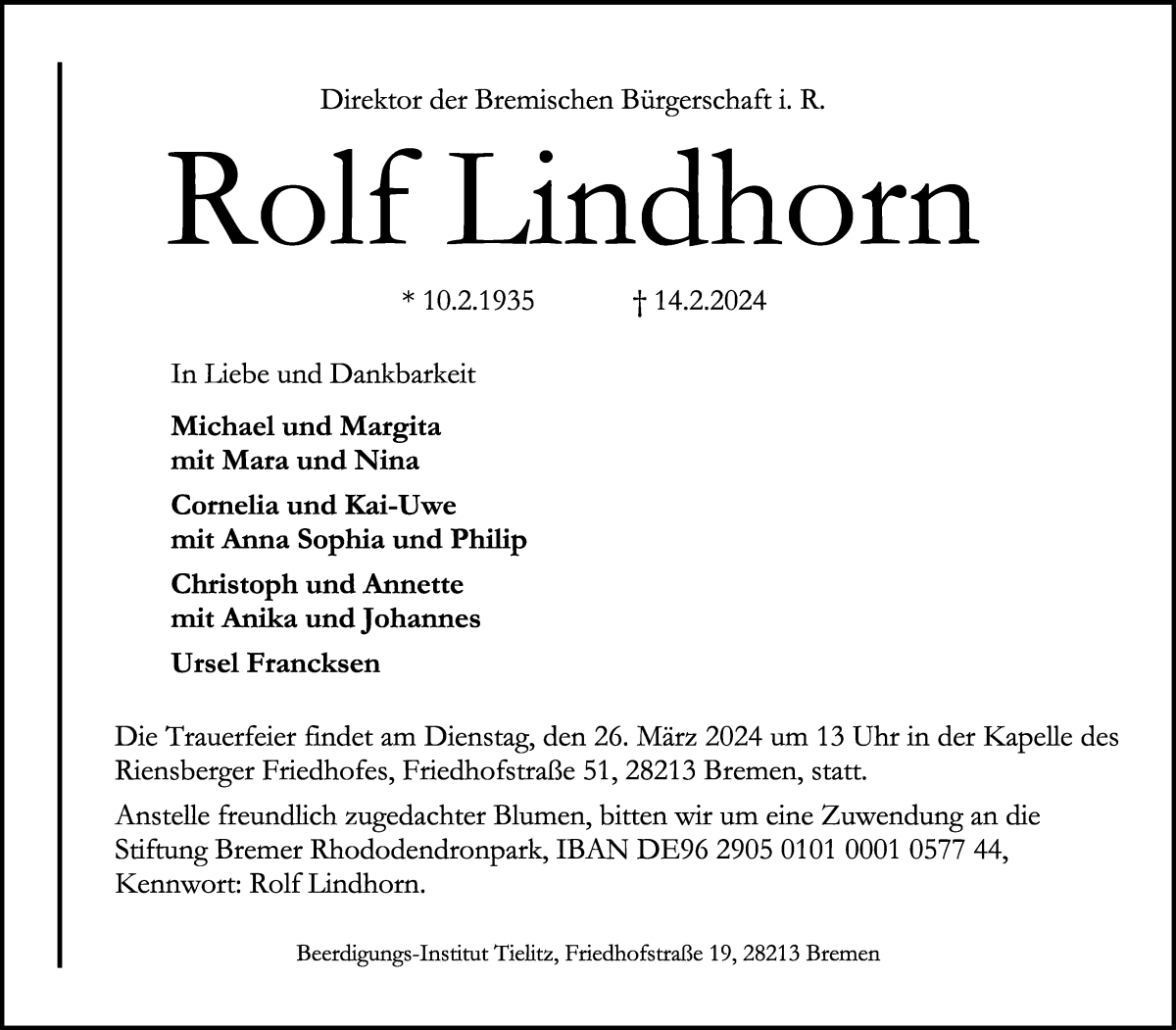 Traueranzeige von Rolf Lindhorn von WESER-KURIER