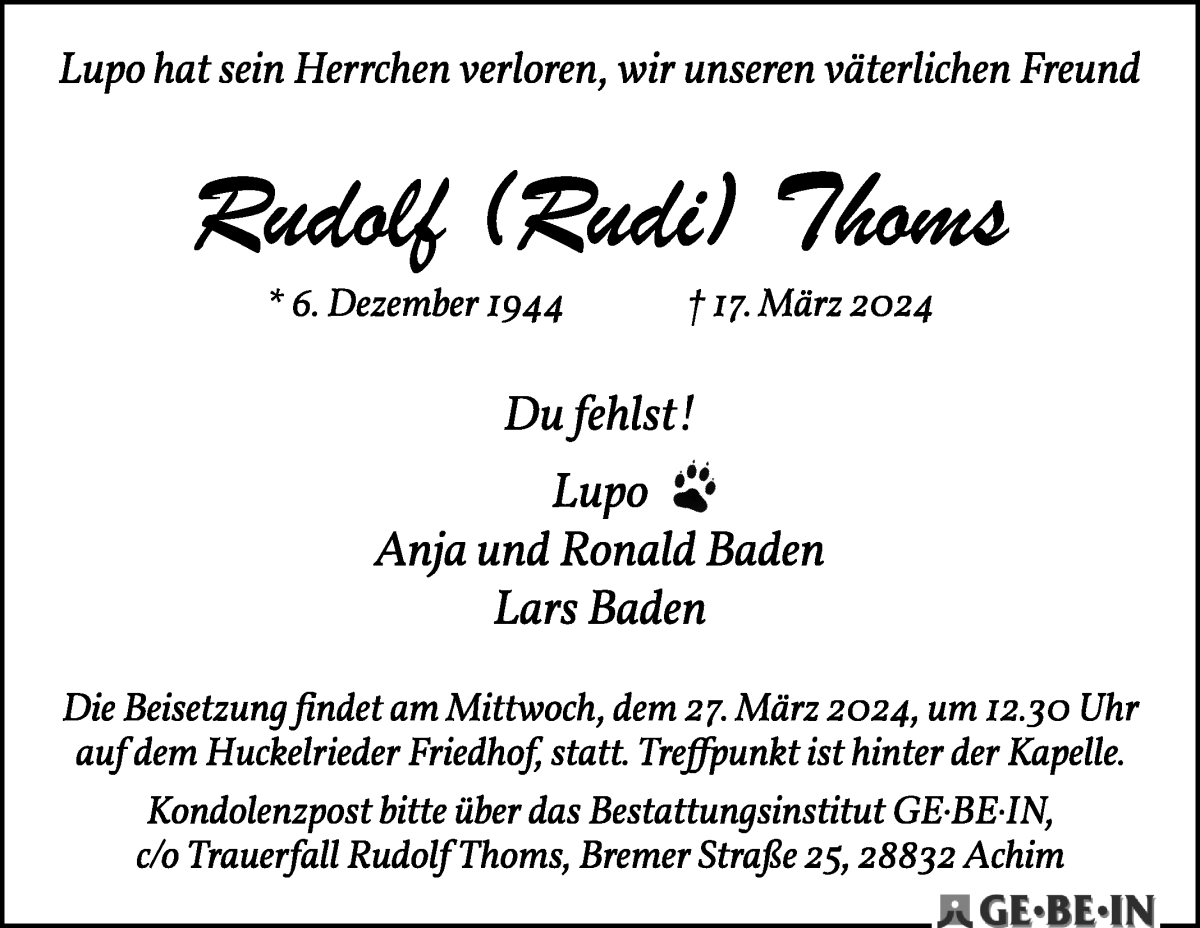 Traueranzeige von Rudolf Thoms von WESER-KURIER