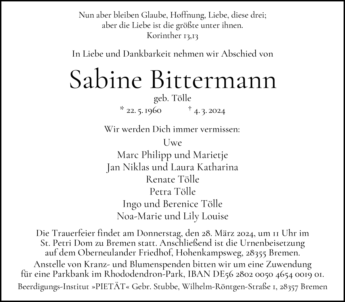 Traueranzeige von Sabine Bittermann von WESER-KURIER