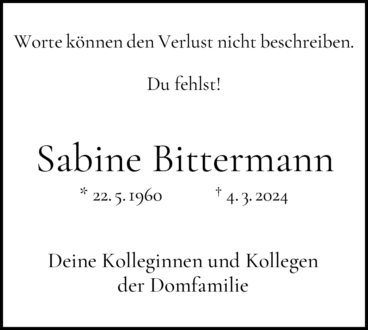 Traueranzeige von Sabine Bittermann von WESER-KURIER