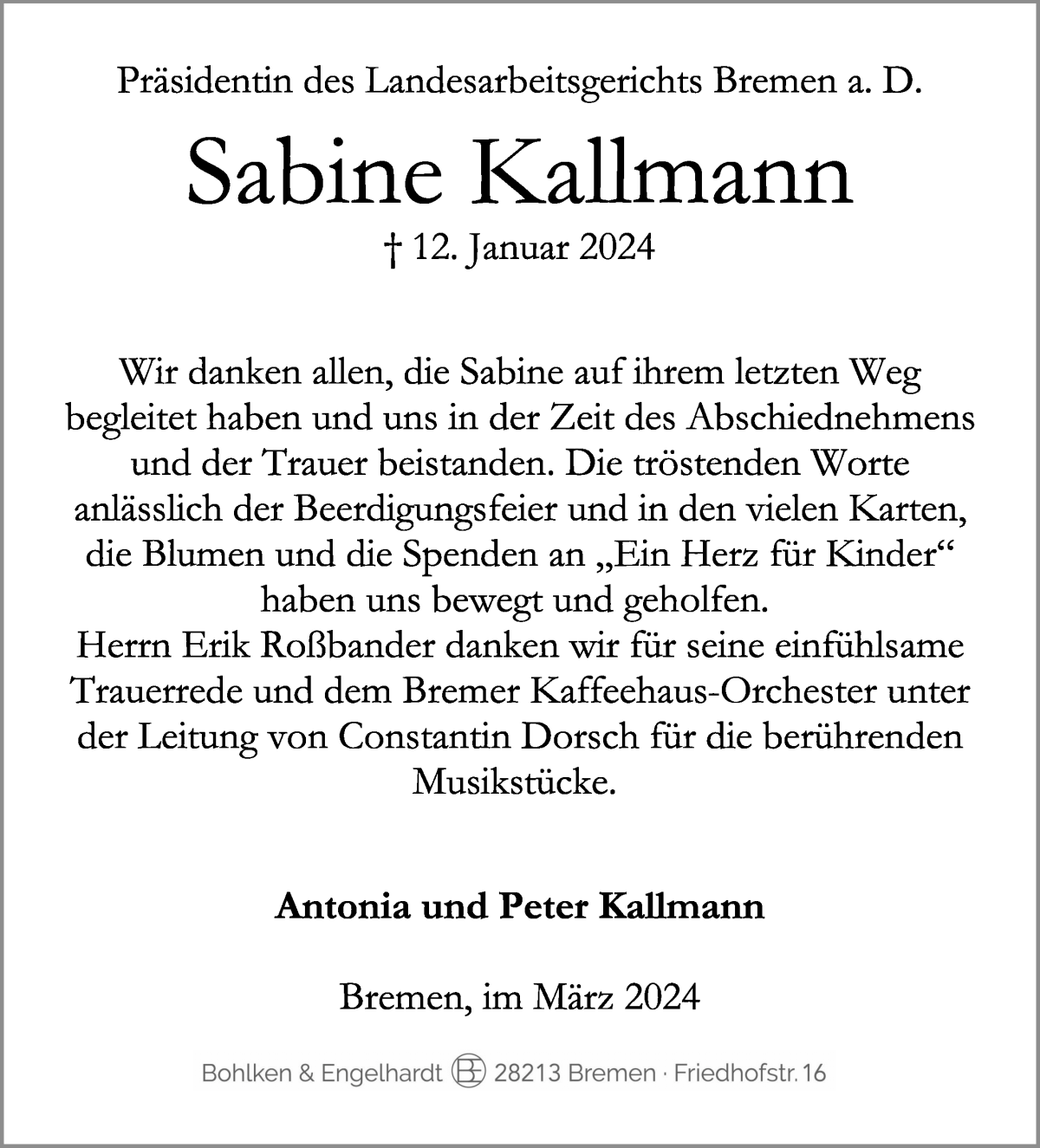 Traueranzeige von Sabine Kallmann von WESER-KURIER