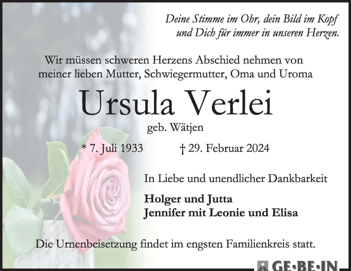 Traueranzeige von Ursula Verlei von WESER-KURIER