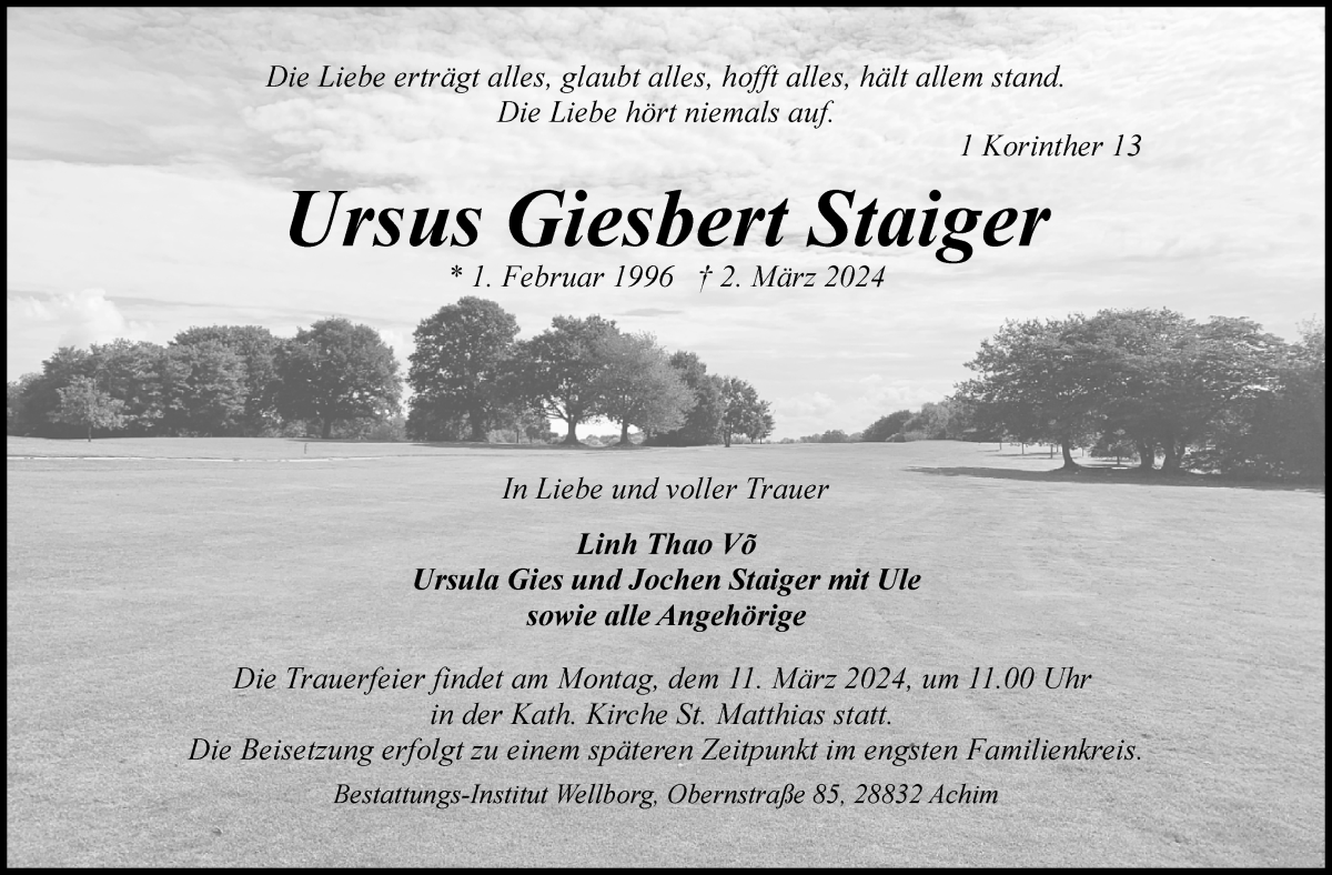 Traueranzeige von Ursus Giesbert Staiger von Achimer Kurier/Verdener Nachrichten