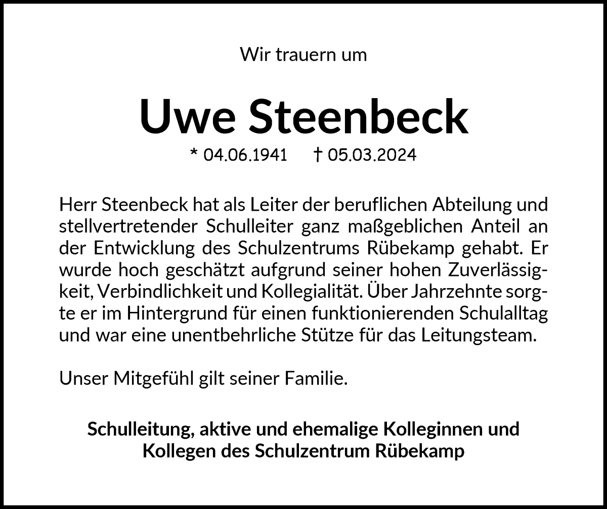 Traueranzeige von Uwe Steenbeck von WESER-KURIER