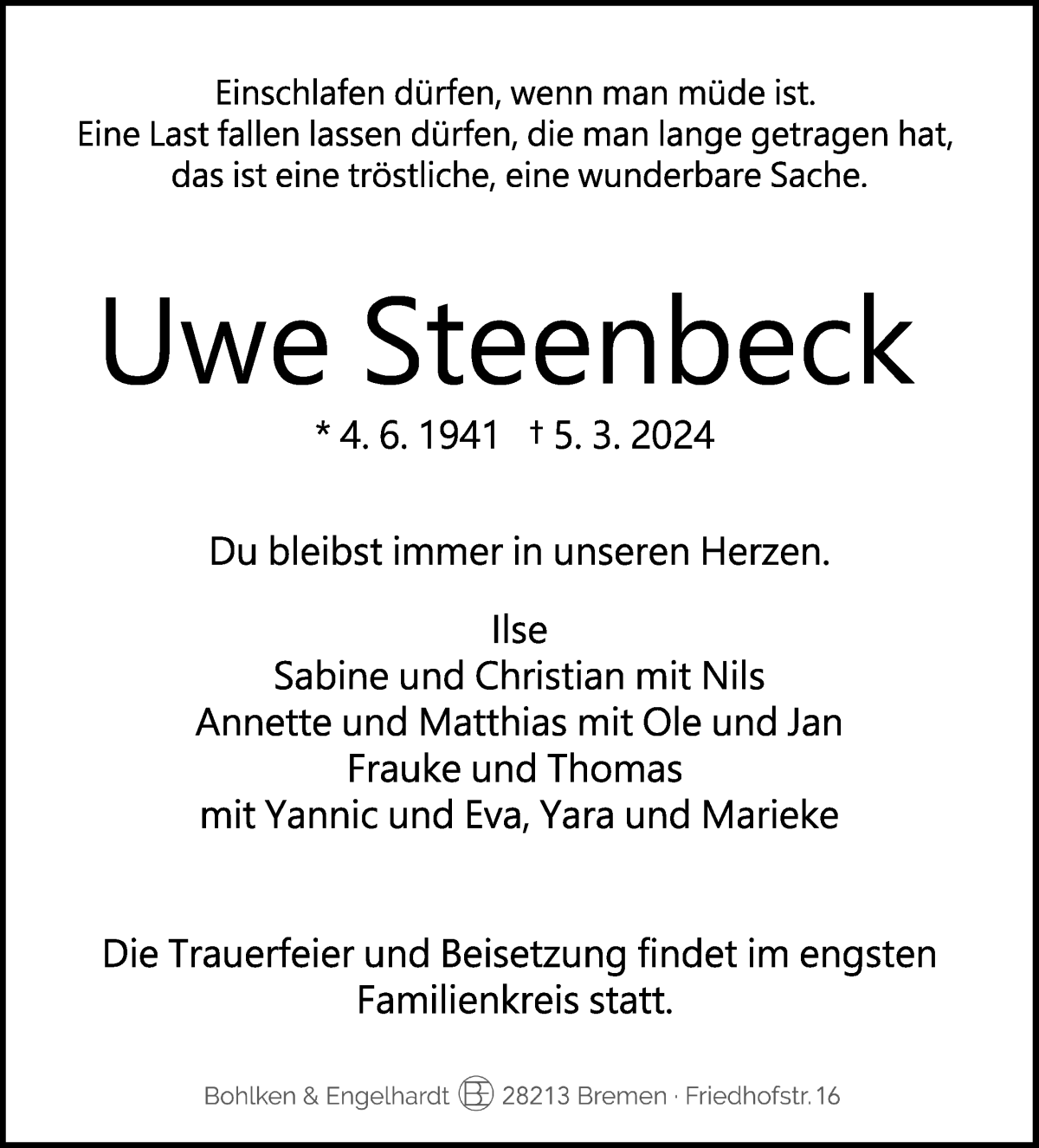 Traueranzeige von Uwe Steenbeck von WESER-KURIER