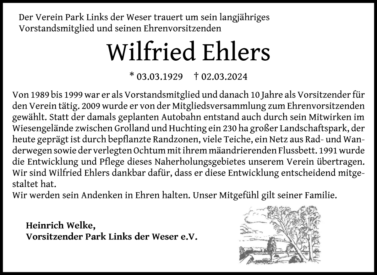 Traueranzeige von Wilfried Ehlers von WESER-KURIER