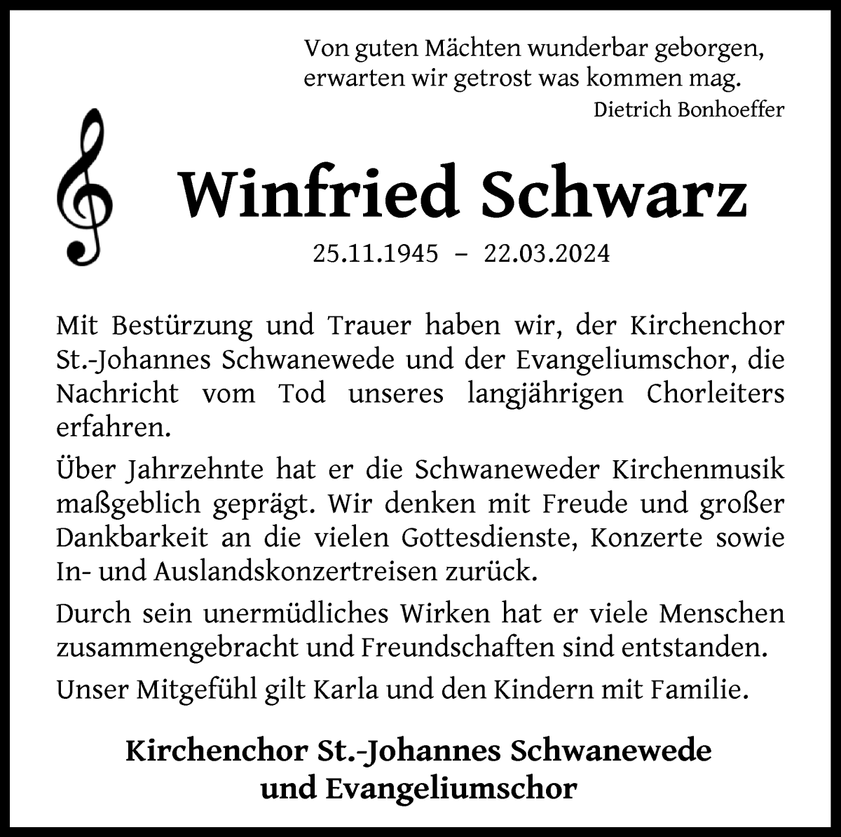 Traueranzeige von Winfried Schwarz von Die Norddeutsche