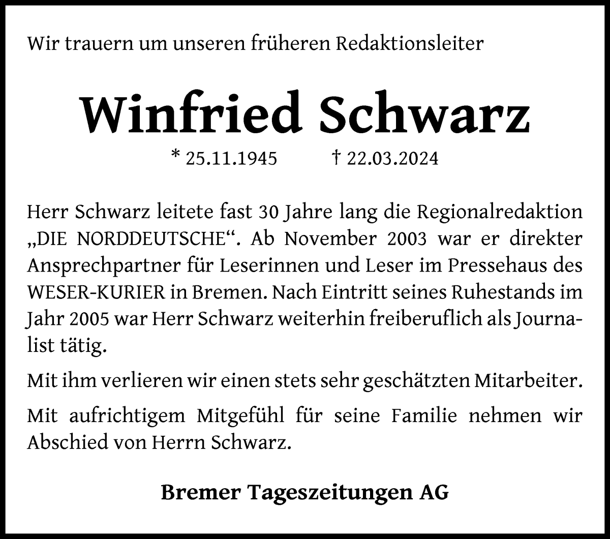 Traueranzeige von Winfried Schwarz von Die Norddeutsche