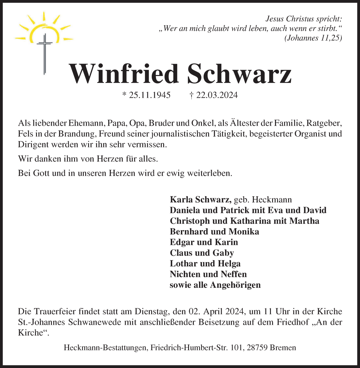 Traueranzeige von Winfried Schwarz von Die Norddeutsche