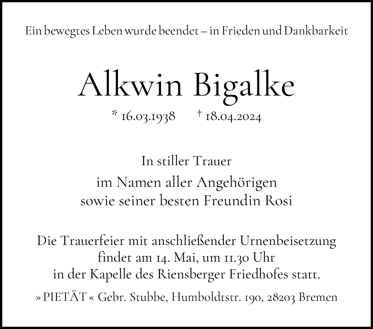 Traueranzeige von Alkwin Bigalke von WESER-KURIER