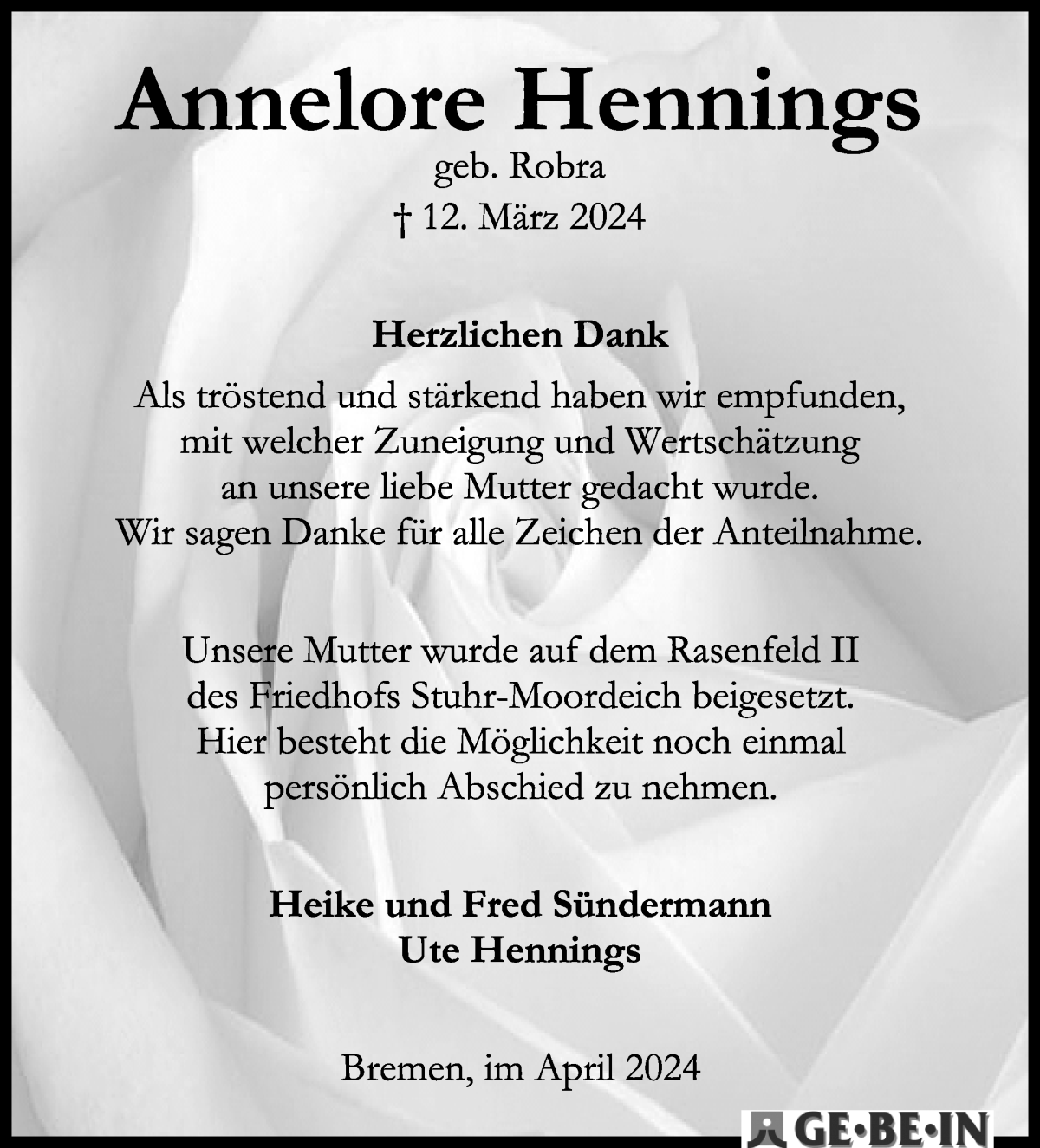 Traueranzeige von Annelore Hennings von WESER-KURIER