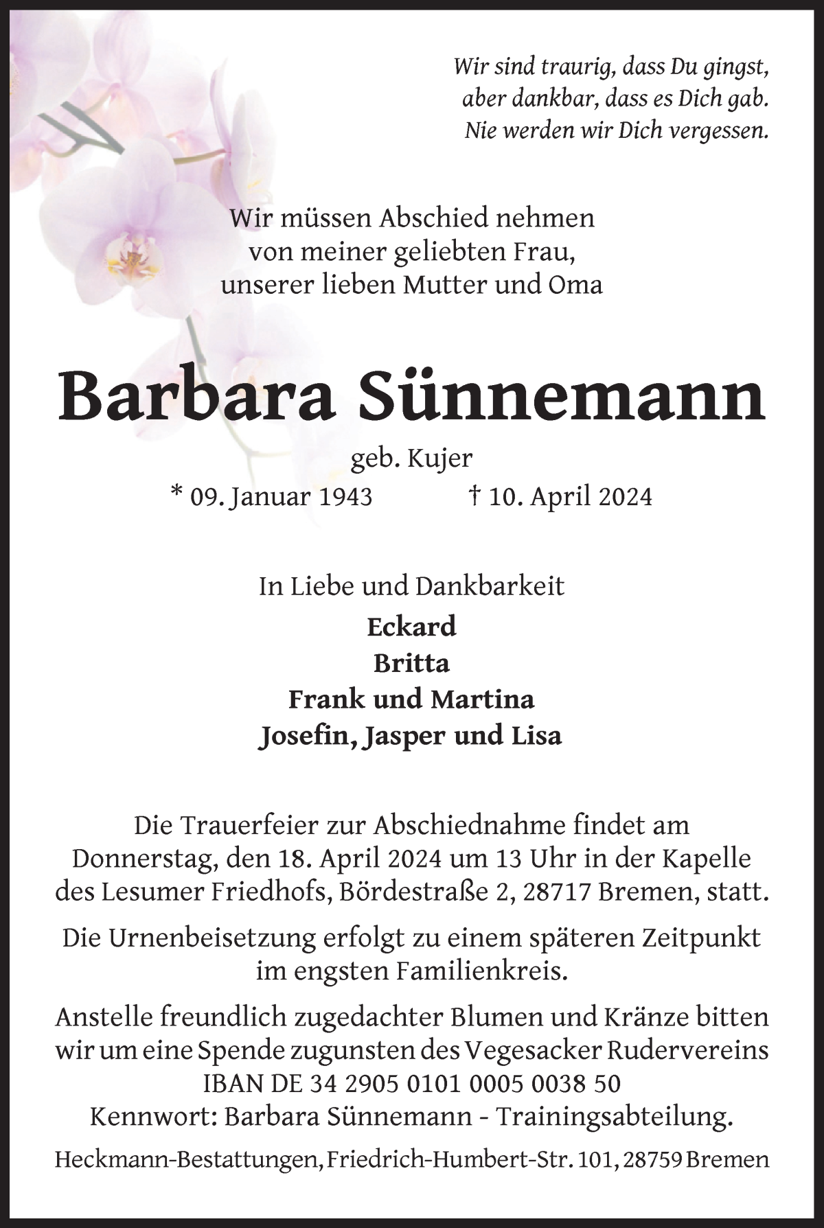 Traueranzeige von Barbara Sünnemann von Die Norddeutsche