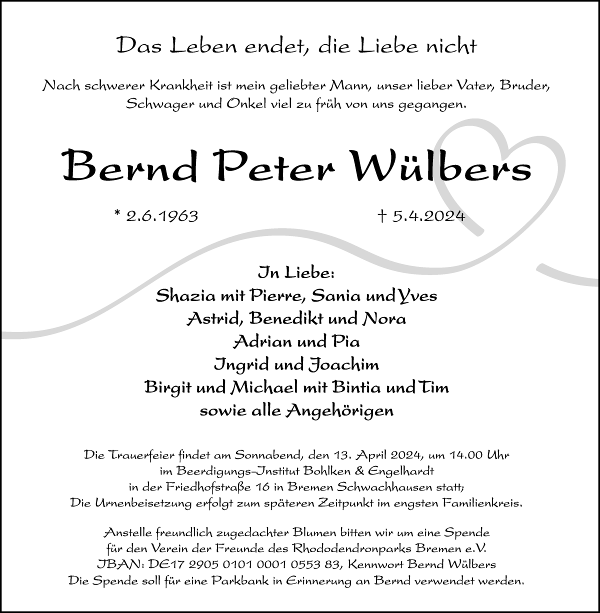 Traueranzeige von Bernd Peter Wülbers von WESER-KURIER
