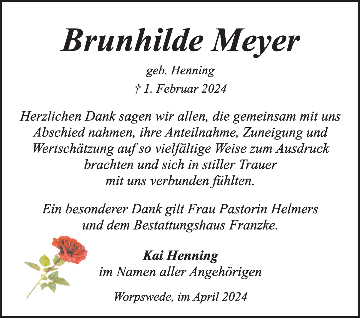 Traueranzeige von Brunhilde Meyer von Wuemme Zeitung