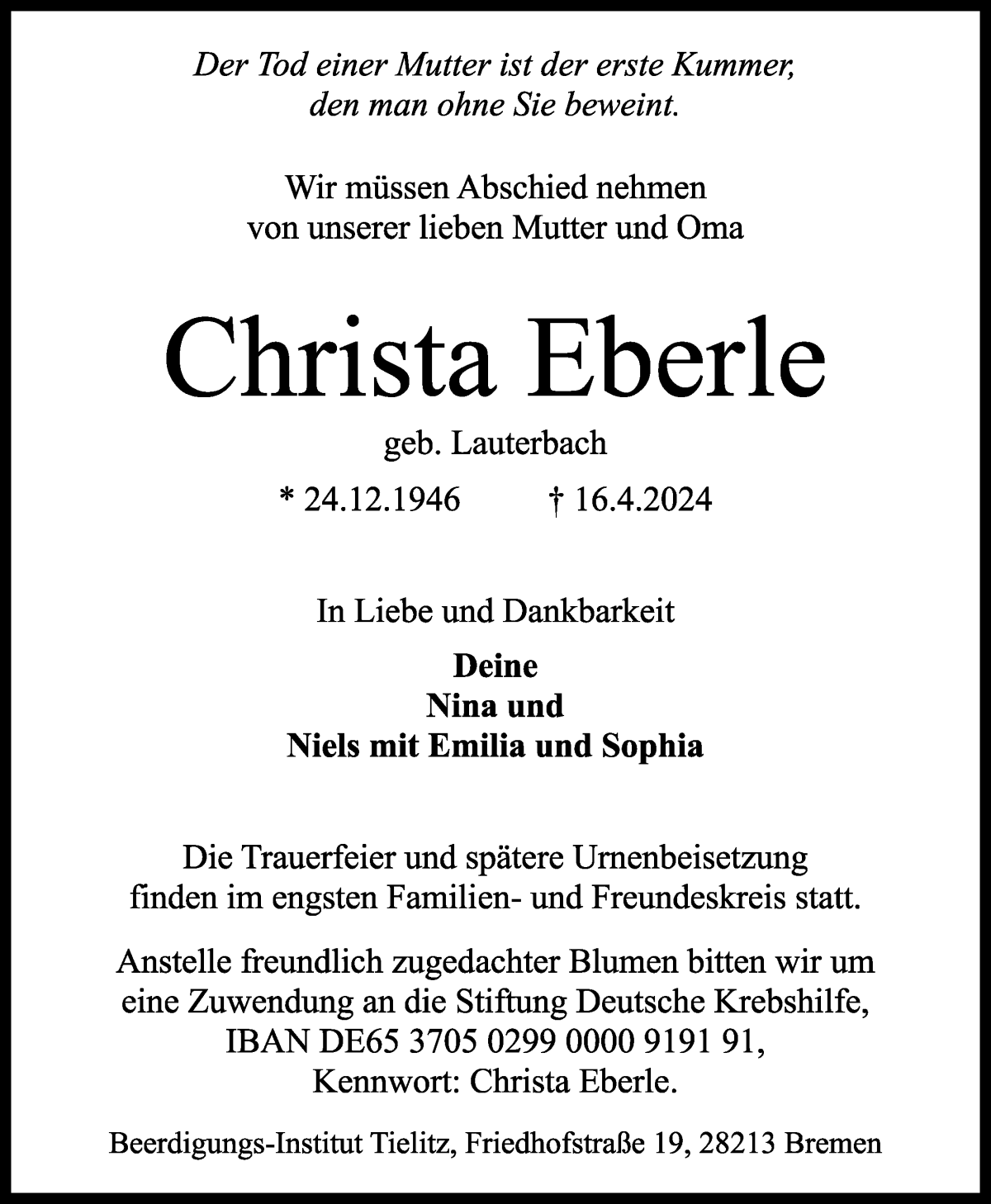Traueranzeige von Christa Eberle von WESER-KURIER