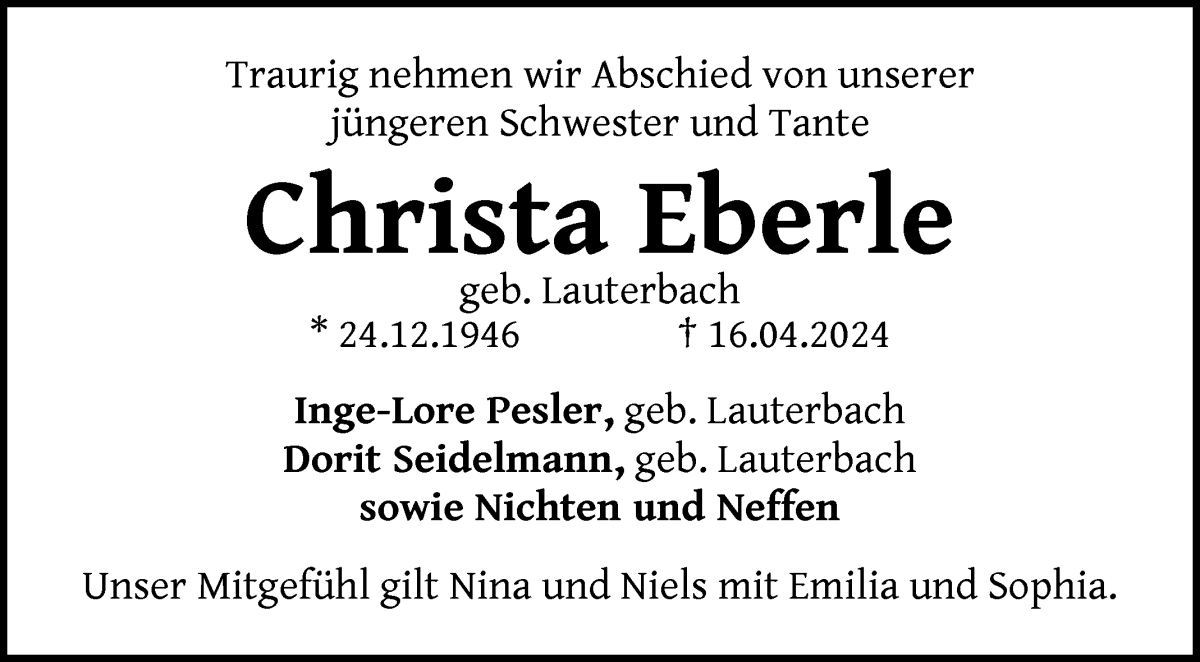 Traueranzeige von Christa Eberle von WESER-KURIER