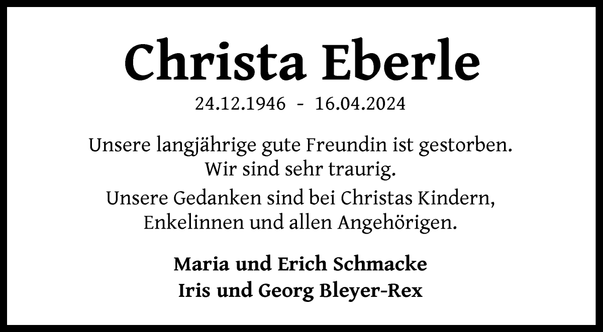 Traueranzeige von Christa Eberle von WESER-KURIER