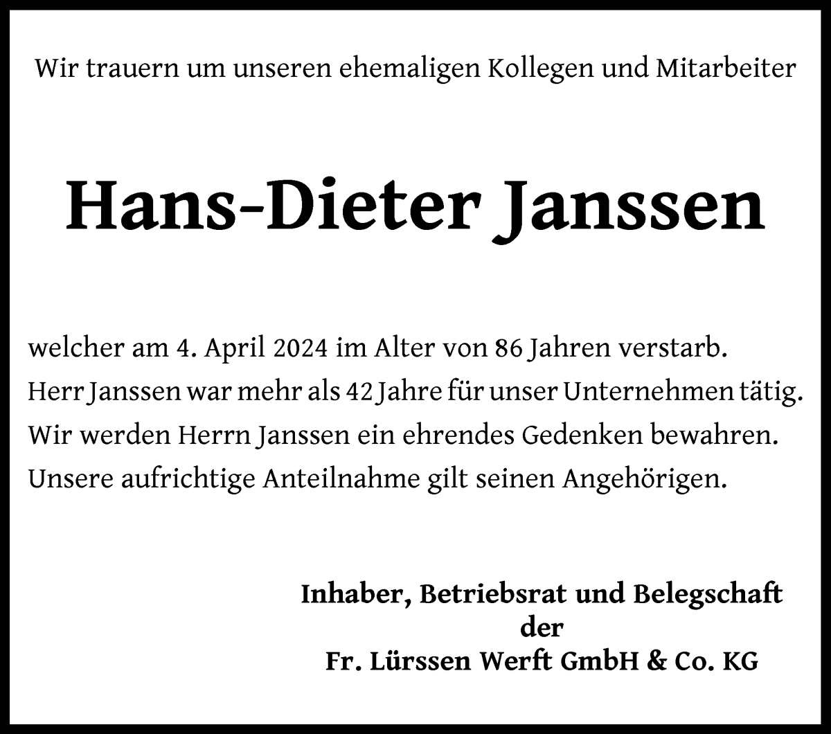 Traueranzeige von Dieter Janssen von Die Norddeutsche