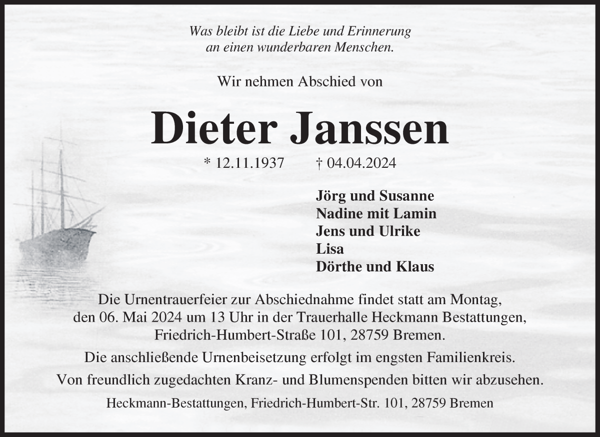 Traueranzeige von Dieter Janssen von Die Norddeutsche