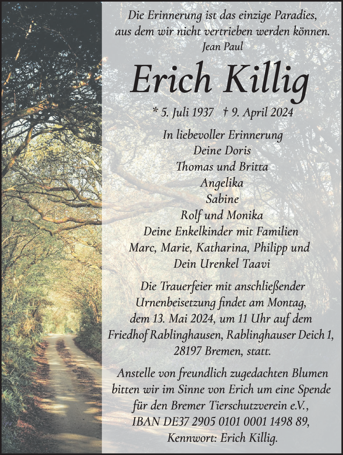 Traueranzeige von Erich Killig von WESER-KURIER