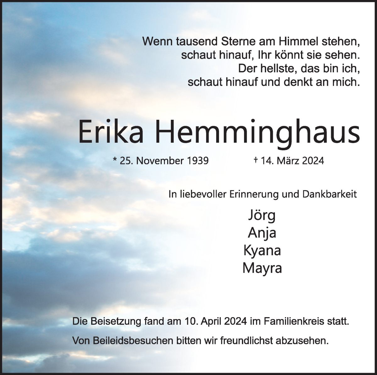 Traueranzeige von Erika Hemminghaus von Achimer Kurier/Verdener Nachrichten