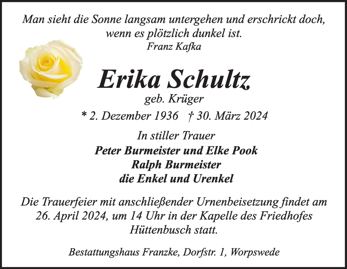 Traueranzeige von Erika Schultz von WESER-KURIER