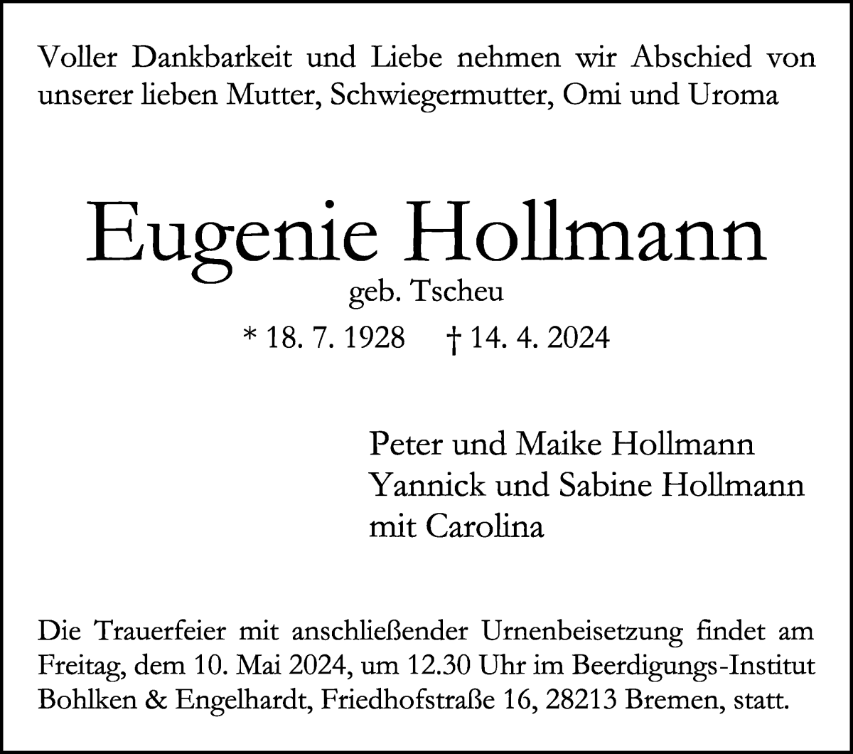 Traueranzeige von Eugenie Hollmann von WESER-KURIER