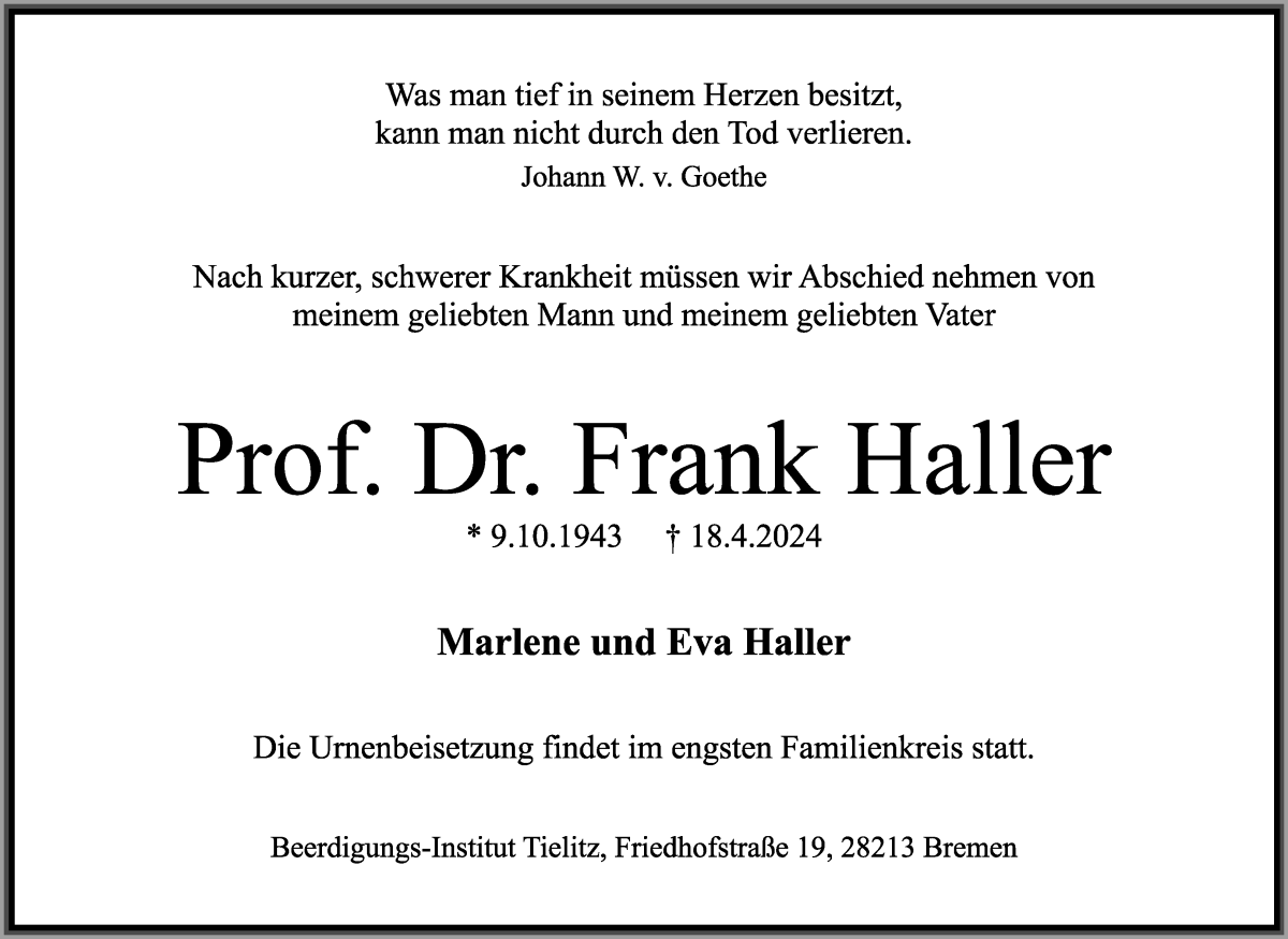 Traueranzeige von Frank Haller von WESER-KURIER