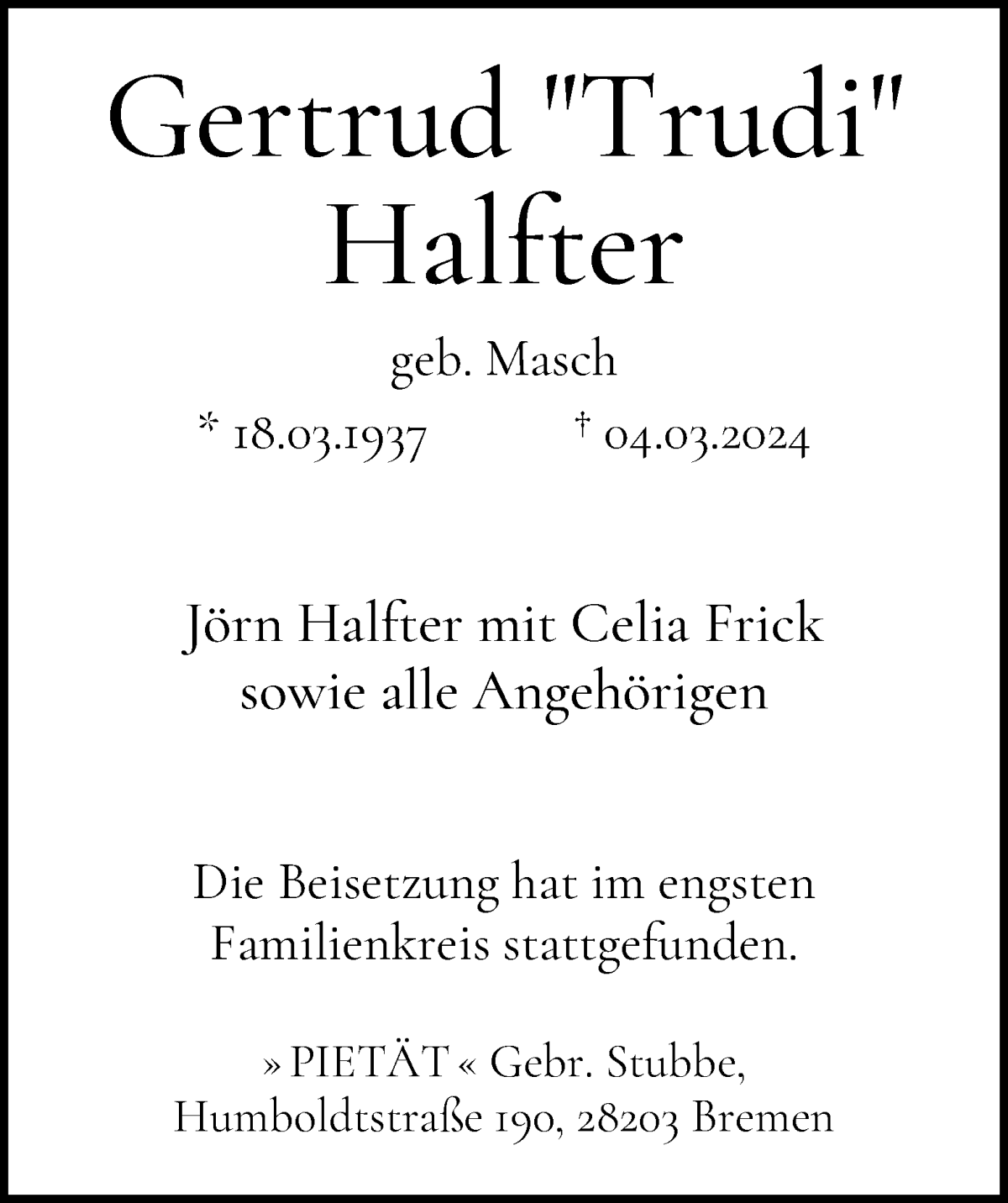 Traueranzeige von Gertrud Halfter von WESER-KURIER