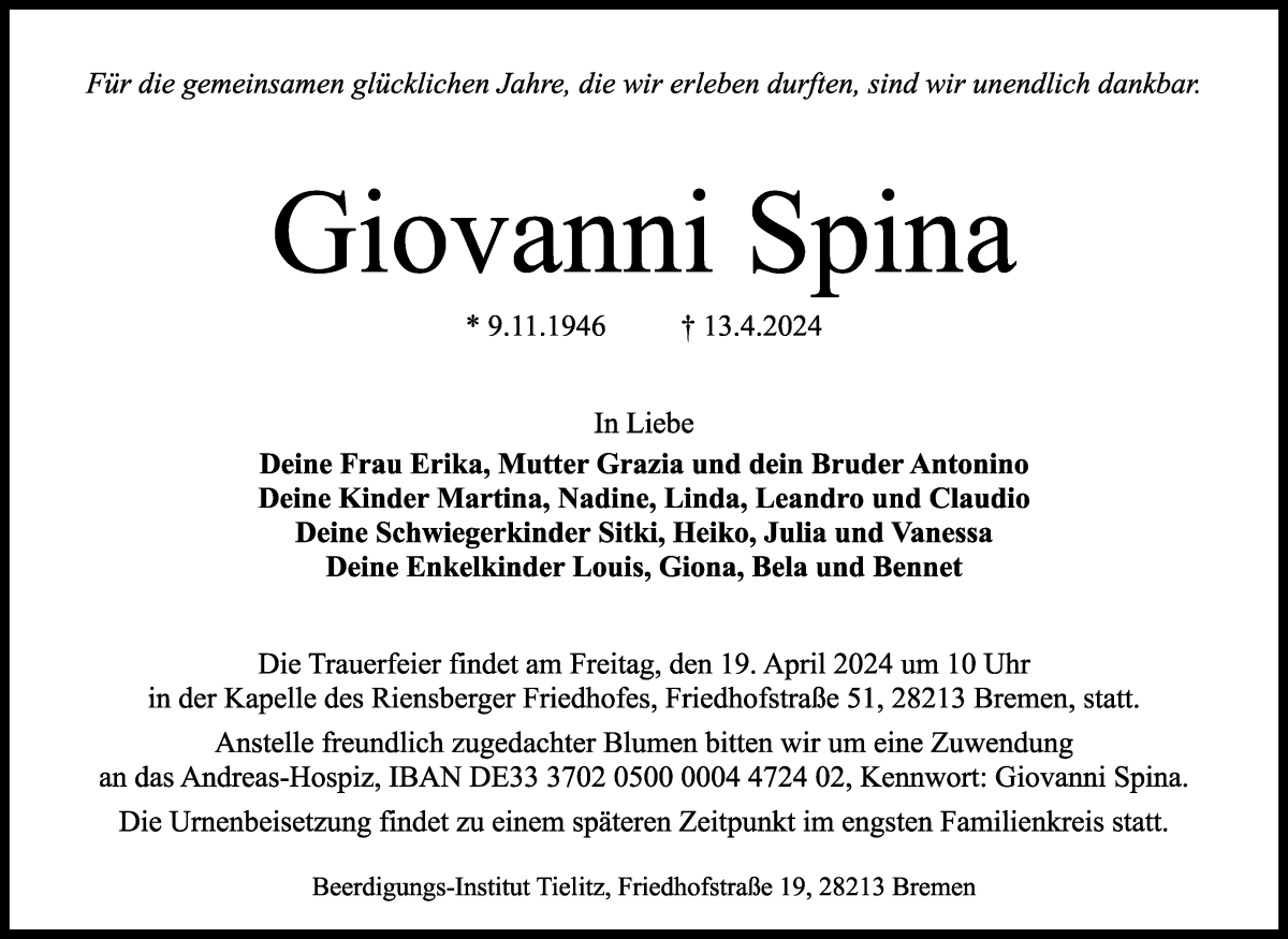 Traueranzeige von Giovanni Spina von WESER-KURIER