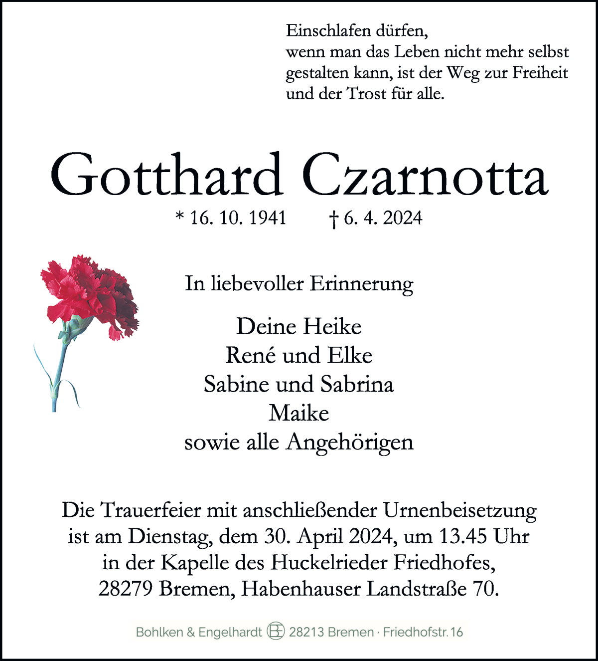 Traueranzeige von Gotthard Czarnotta von WESER-KURIER
