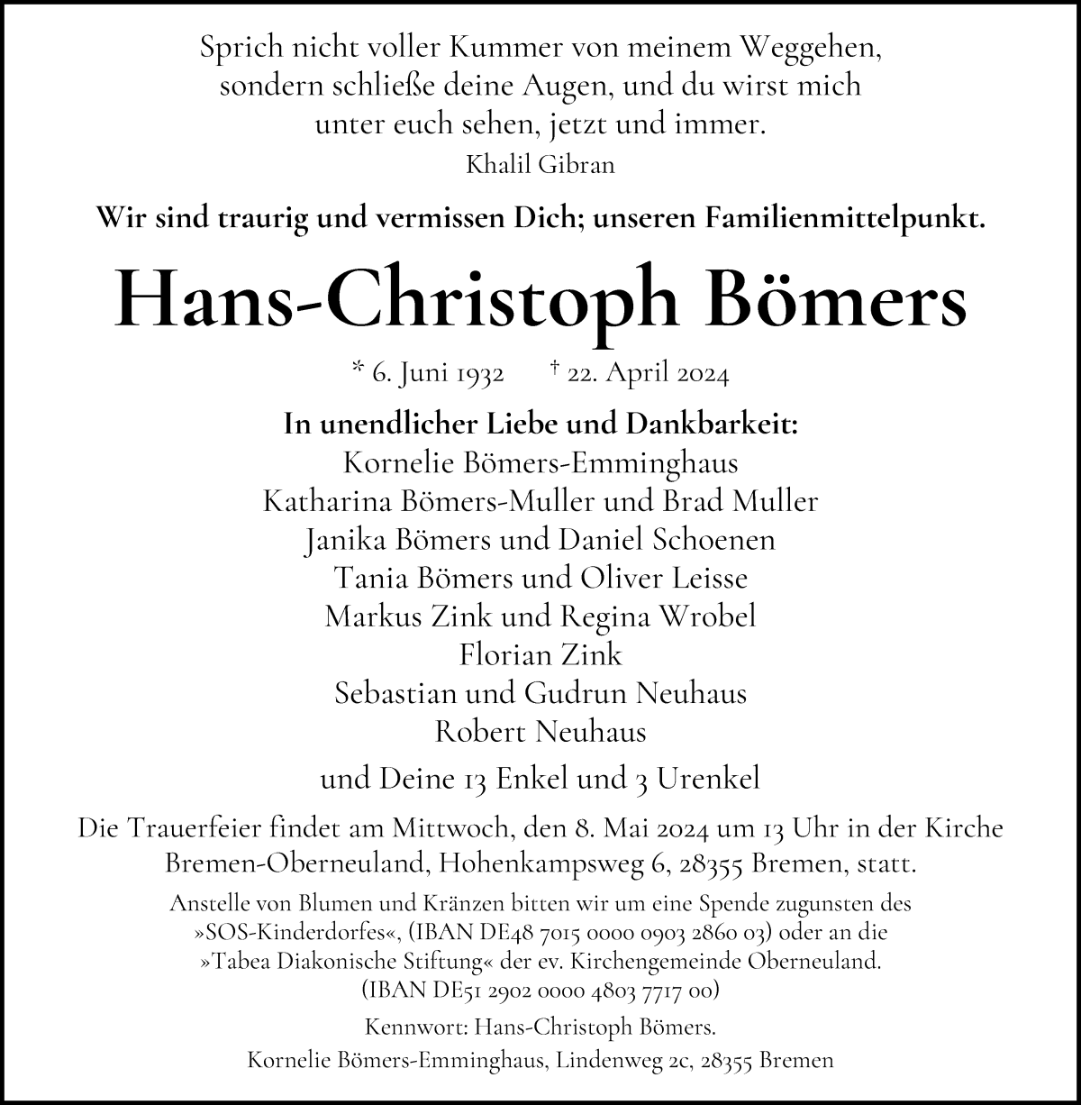 Traueranzeige von Hans-Christoph Bömers von WESER-KURIER