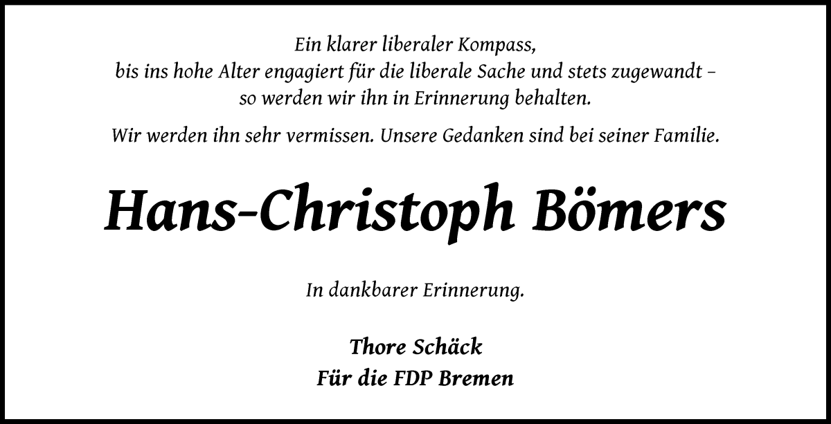 Traueranzeige von Hans-Christoph Bömers von WESER-KURIER